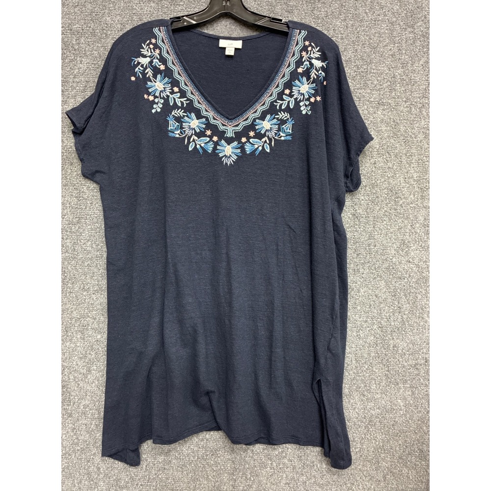 J. Jill Navy Blue Embroidered Linen Knit Tunic Top V-Neck Short Sleeve L Tall